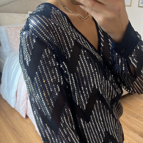 WAYF Sheer Sequin Navy Blue Wrap Top size medium - Picture 8 of 12